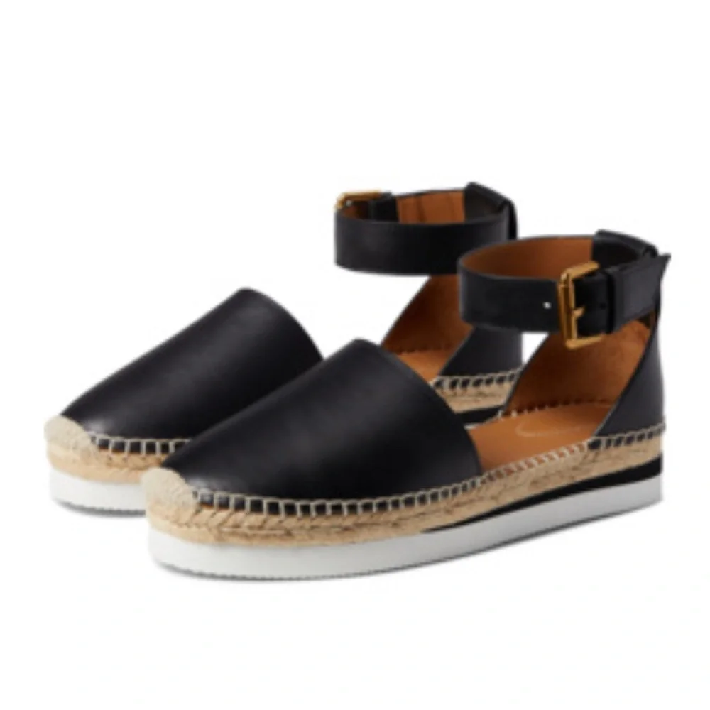 See by Chloe -women’s Glyn Espadrille black leather ankle strap platform shoes 8